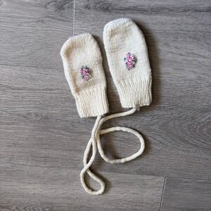 Handmade Knit Baby Mittens Cream Ivory Floral Embroidered String Vintage Style